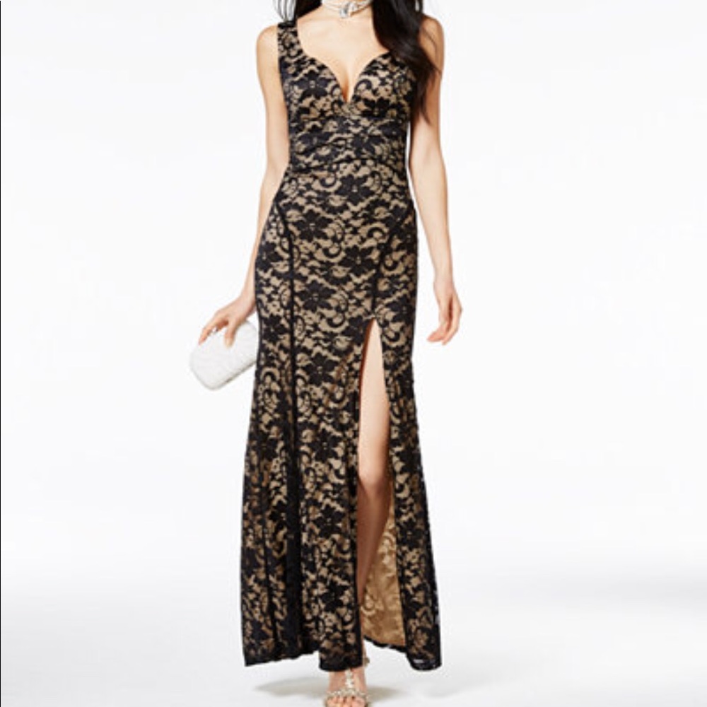 Black lace beige underlay long dress